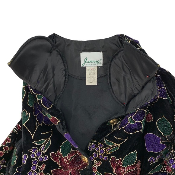 Vintage Black Velveteen Large Print Floral Evening Blazer Gold Metallic … - Picture 10 of 15